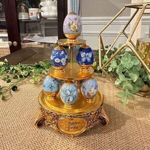 HOUSE OF FABERGE- Sapphire Garden Hand Painted Porcelain 8 piece Eggs limited ed